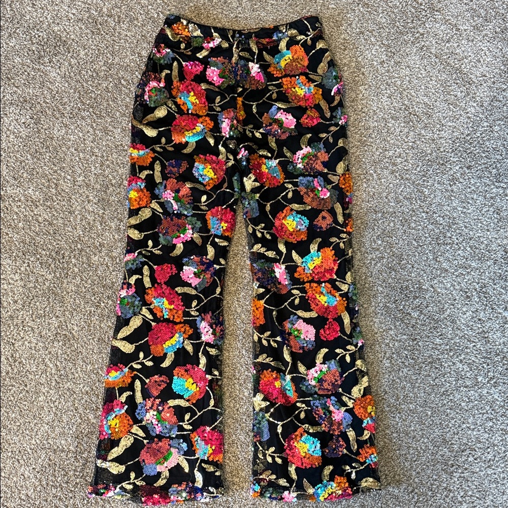 Floral Sequin Embroidered Black Pants